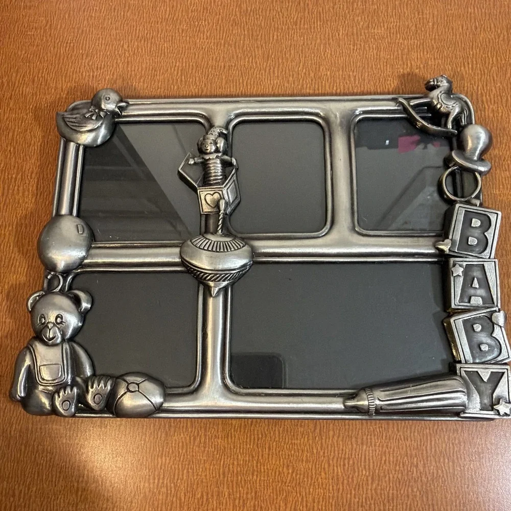 Pewter Baby Collage Picture Frame Vintage Teddy Bear Jack in Box Free Standing